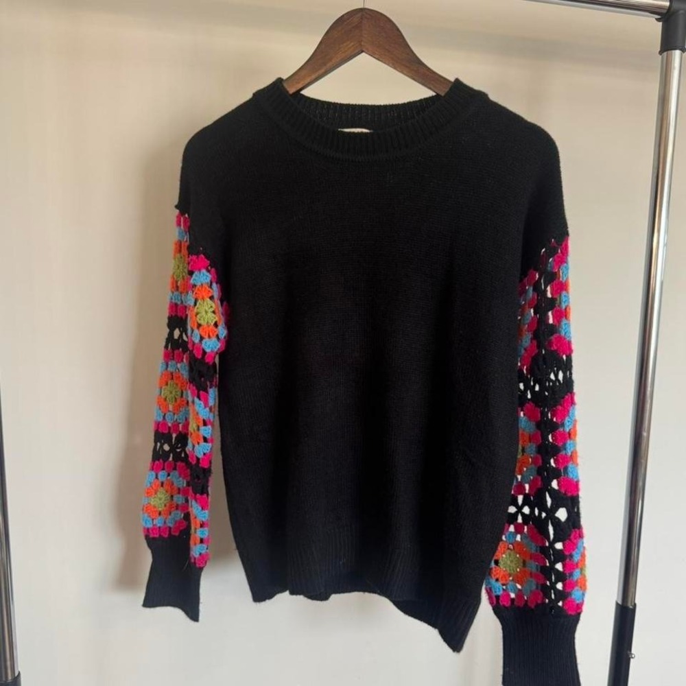 Black Sweater With Granny Squares Crocheted Sleeves Size Small Boho CottageCore